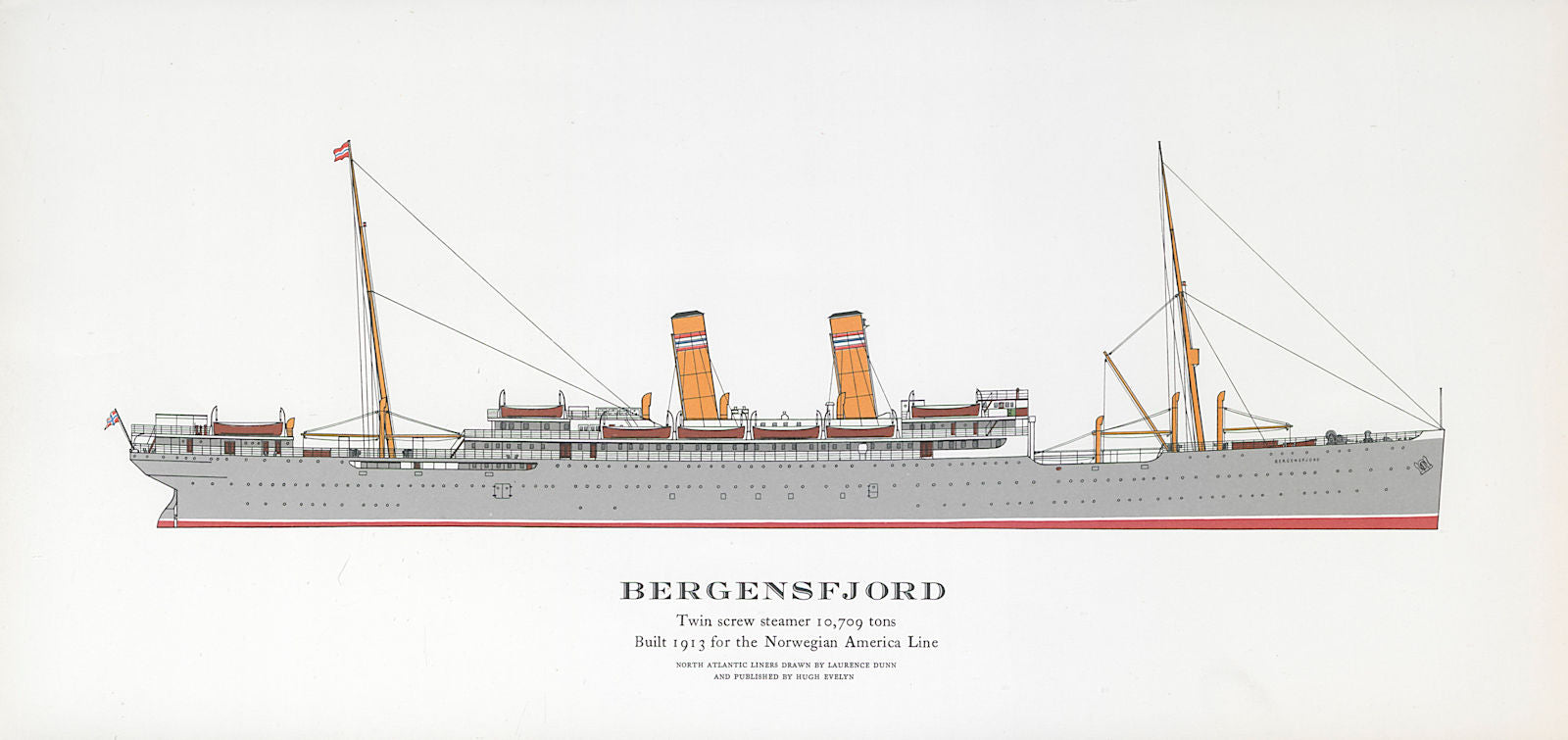 Bergensfjord ocean liner 1913. Norwegian America Line. Later Aliya 1961 print
